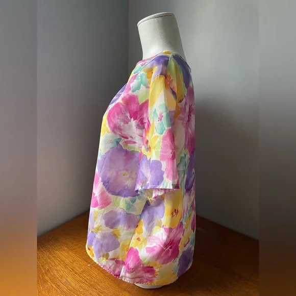 Vintage Blair Women’s Blouse Bold Floral Bright Short Sleeve Top Size 16 L XL - Picture 3 of 16